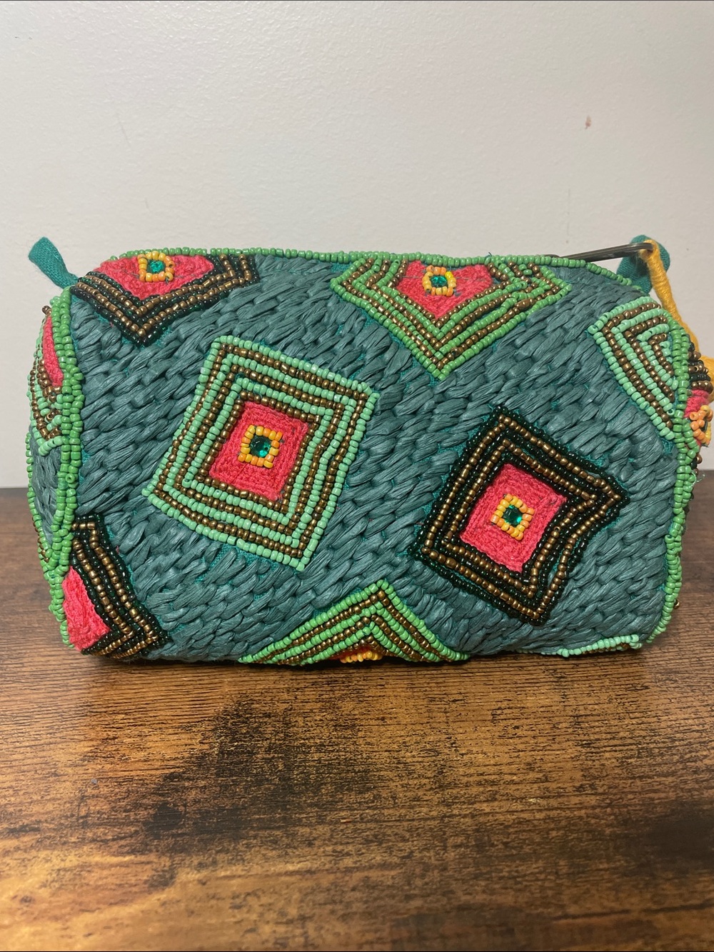 Anthropologie Teal Beaded Cosmetic Bag with Pink and Green Accents